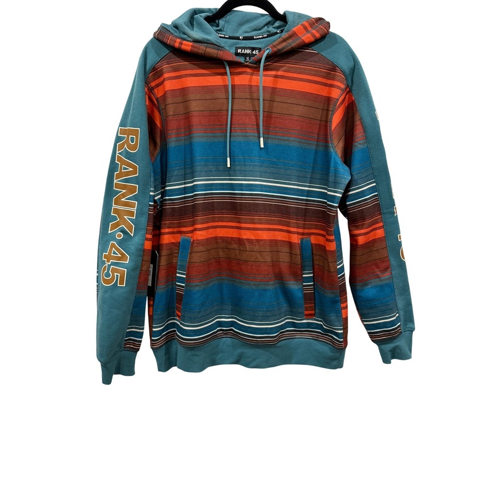 RANK 45 Men's Striped Hooded Sweatshirt Teal Orange Brown‎ Size M